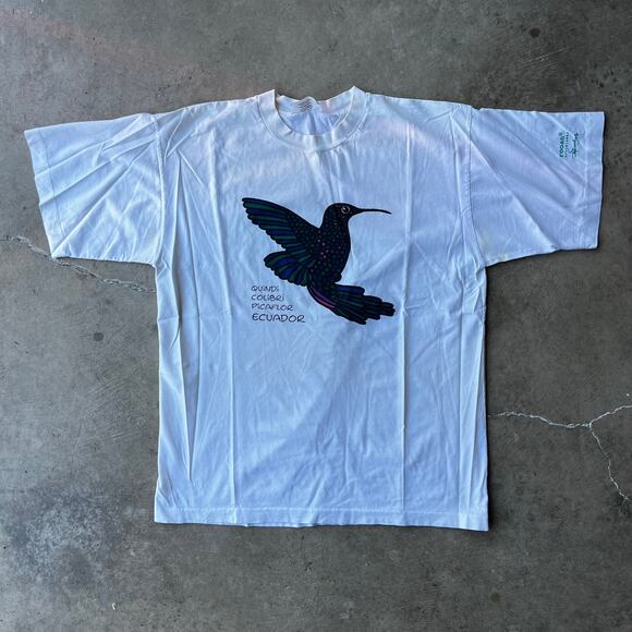 Vintage Ecuador Hummingbird Birdwatching T-Shirt Nature Wildlife 90s ART LARGE - Picture 1 of 6